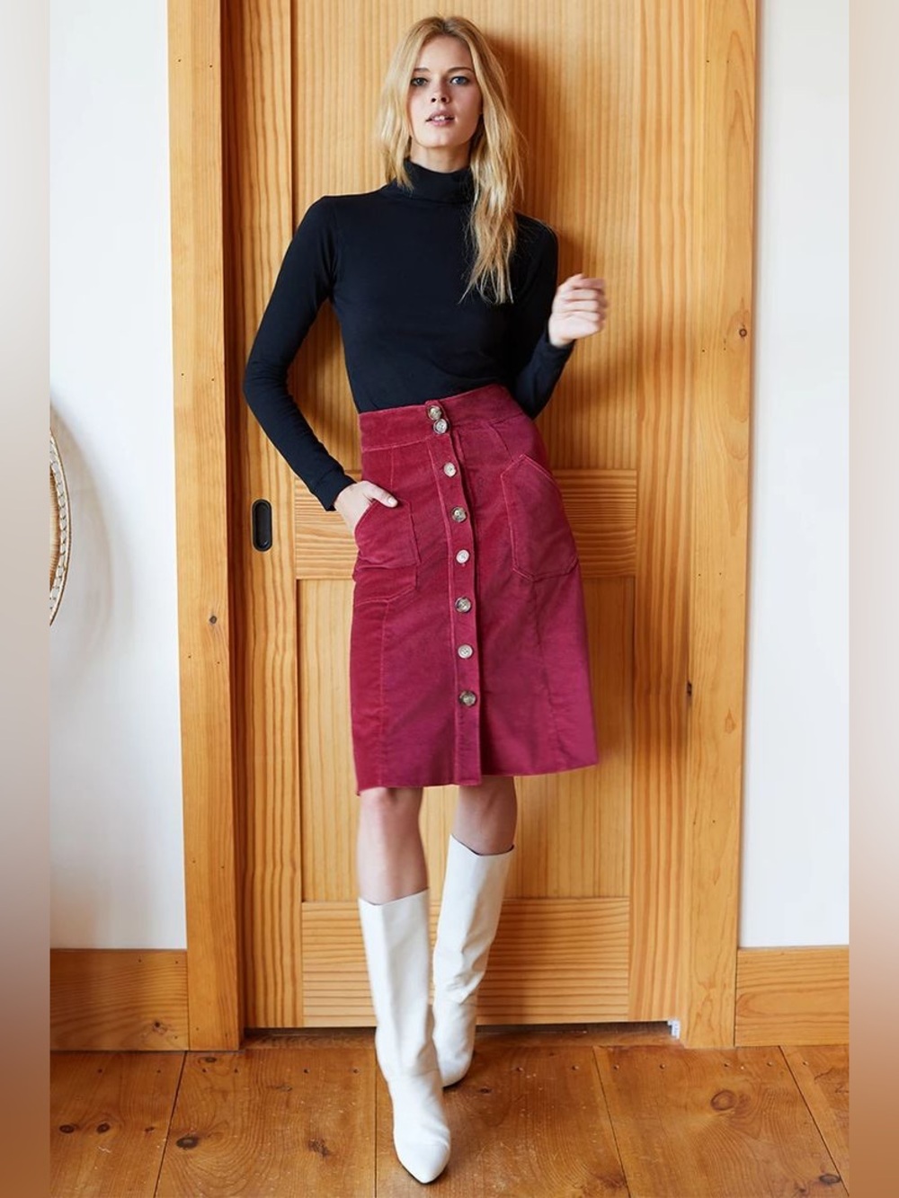 Emerson Fry Margot Button Front A line Red Velvet Skirt Size XS NWT